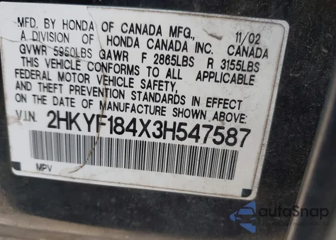 2003 Honda Pilot Ex from USA, damaged, VIN 2HKYF184X3H547587